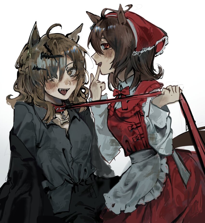 2girls agnes_tachyon_(umamusume) ahoge animal_collar animal_ears black_pants black_shirt breasts brown_hair collar collarbone collared_shirt commentary dress_shirt fangs hair_over_one_eye hashtag-only_commentary highres holding holding_leash horse_ears horse_girl horse_tail ian_(2uaiueo) jungle_pocket_(umamusume) leash long_sleeves medium_breasts multiple_girls pants red_collar red_leash red_skirt red_veil red_vest shirt simple_background skirt tail umamusume veil vest white_background white_shirt yuri