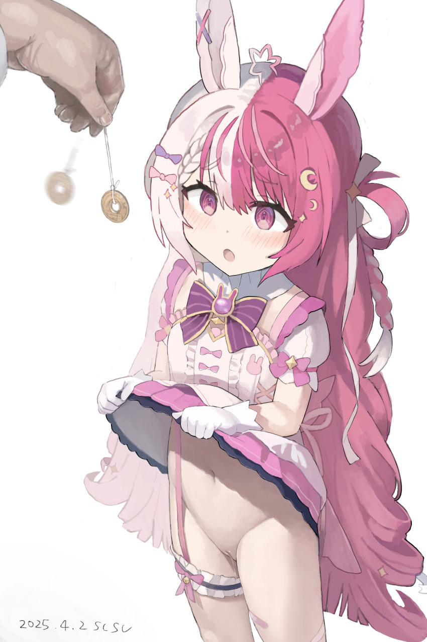 1girl :o @_@ animal_ears artist_name bandaid bandaid_on_leg blush bow bowtie braid center_frills clothes_lift coin coin_on_string commentary_request commission cowboy_shot crescent crescent_hair_ornament dated dress dress_bow dress_lift frilled_dress frilled_thigh_strap frills frown garter_straps gloves groin hair_ornament hair_ribbon hair_rings highres holding holding_pendulum holed_coin hypnosis idol_corp lalabell_lullaby lifting_own_clothes long_hair magical_girl mind_control multicolored_hair navel no_panties open_mouth pendulum pink_eyes pink_hair pink_trim pov pov_hands puffy_short_sleeves puffy_sleeves purple_bow purple_bowtie rabbit_brooch rabbit_ears rabbit_girl ribbon short_sleeves simple_background single_garter_strap skeb_commission solo sparkle_hair_ornament split-color_hair star_ahoge susu_(ysy) thigh_strap very_long_hair virtual_youtuber white_background white_gloves white_hair white_ribbon