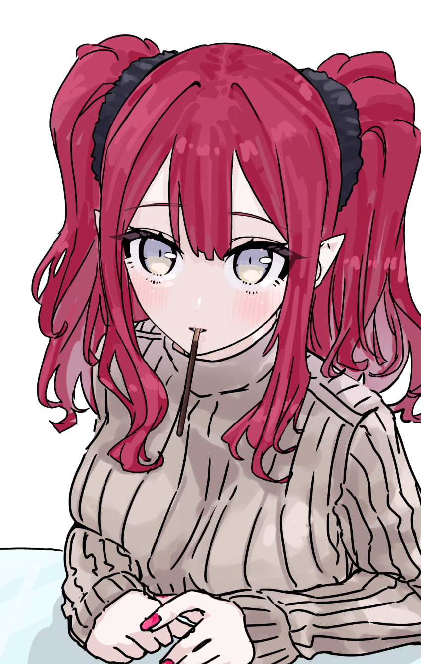 1girl baobhan_sith_(fate) blush breasts fate/grand_order fate_(series) food grey_eyes grey_sweater highres large_breasts long_hair long_sleeves looking_at_viewer mouth_hold niwaikanai pink_hair pocky pointy_ears ribbed_sweater sidelocks solo sweater turtleneck turtleneck_sweater twintails