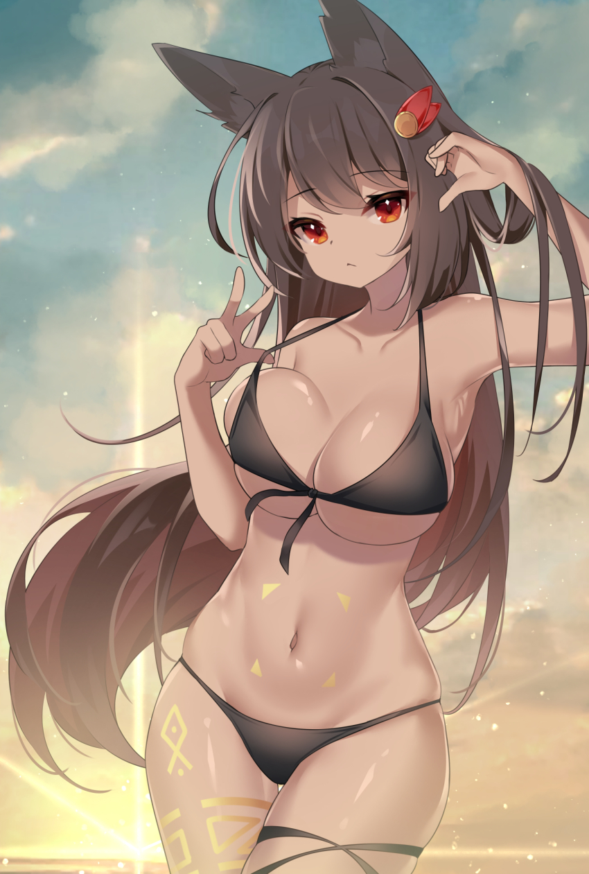1girl animal_ears arm_up armpits backlighting bare_arms bare_shoulders bikini black_bikini black_hair breasts brown_hair cleavage closed_mouth cowboy_shot expressionless fox_ears front-tie_bikini_top front-tie_top hair_ornament hairclip halterneck hand_up highres large_breasts leg_tattoo long_hair looking_at_viewer multicolored_hair navel original outdoors pulling_own_clothes red_eyes skindentation solo stomach stomach_tattoo strap_gap strap_pull string_bikini sunlight sunset swimsuit tattoo thigh_gap thigh_strap thighs two-tone_hair umou_(may65879) underboob v very_long_hair