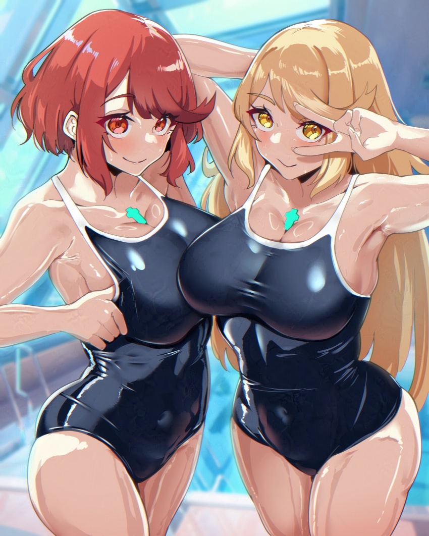 2girls absurdres blonde_hair blue_one-piece_swimsuit breasts chest_jewel competition_school_swimsuit core_crystal_(xenoblade) covered_navel highres large_breasts multiple_girls mythra_(xenoblade) one-piece_swimsuit pyra_(xenoblade) red_eyes red_hair rei_no_pool school_swimsuit short_hair swimsuit timosan v v_over_eye xenoblade_chronicles_(series) xenoblade_chronicles_2 yellow_eyes