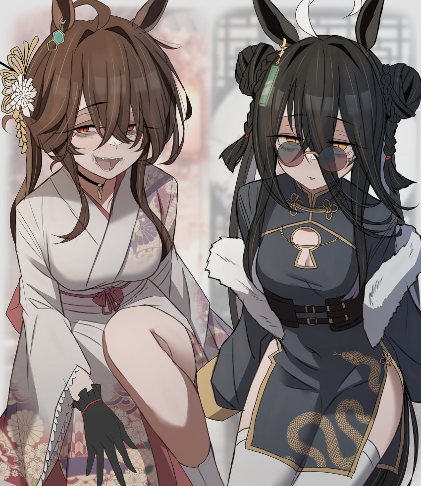 2girls absurdres agnes_tachyon_(umamusume) alternate_costume alternate_hairstyle animal_ears black_dress black_gloves black_hair breasts brown_hair china_dress chinese_clothes chinese_zodiac commentary_request dress fangs floral_print floral_print_kimono gloves hair_between_eyes highres horse_ears horse_girl japanese_clothes kimono leogust long_hair long_sleeves looking_at_viewer manhattan_cafe_(umamusume) medium_breasts multiple_girls new_year open_mouth pelvic_curtain print_kimono red_eyes round_eyewear snake_print sunglasses thighhighs umamusume white_kimono white_thighhighs wide_sleeves year_of_the_snake yellow_eyes