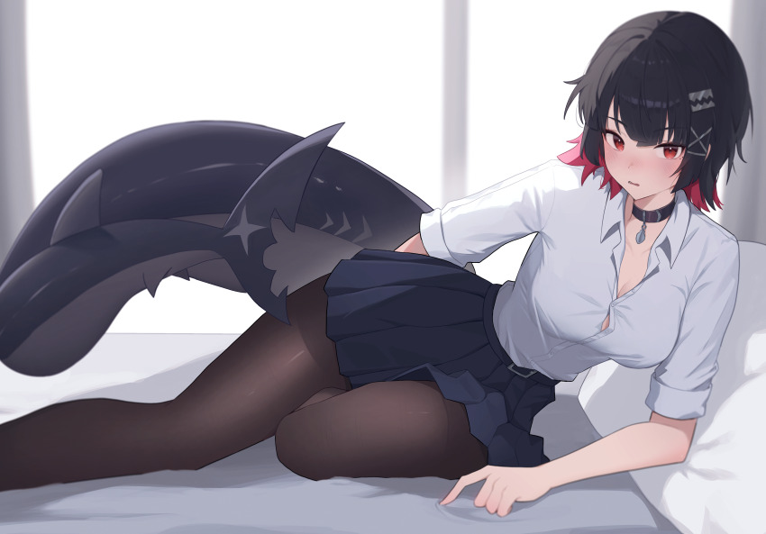 1girl absurdres bbiya_0331 black_choker black_hair black_pantyhose blue_skirt blush breasts choker cleavage collarbone collared_shirt colored_inner_hair commentary ellen_joe ellen_joe_(on_campus) fins fish_tail hair_ornament hairclip highres indoors looking_at_viewer lounging multicolored_hair official_alternate_costume on_bed open_mouth pantyhose pleated_skirt red_eyes red_hair shark_girl shark_tail shirt short_hair skirt sleeves_rolled_up solo tail two-tone_hair wavy_mouth white_shirt zenless_zone_zero