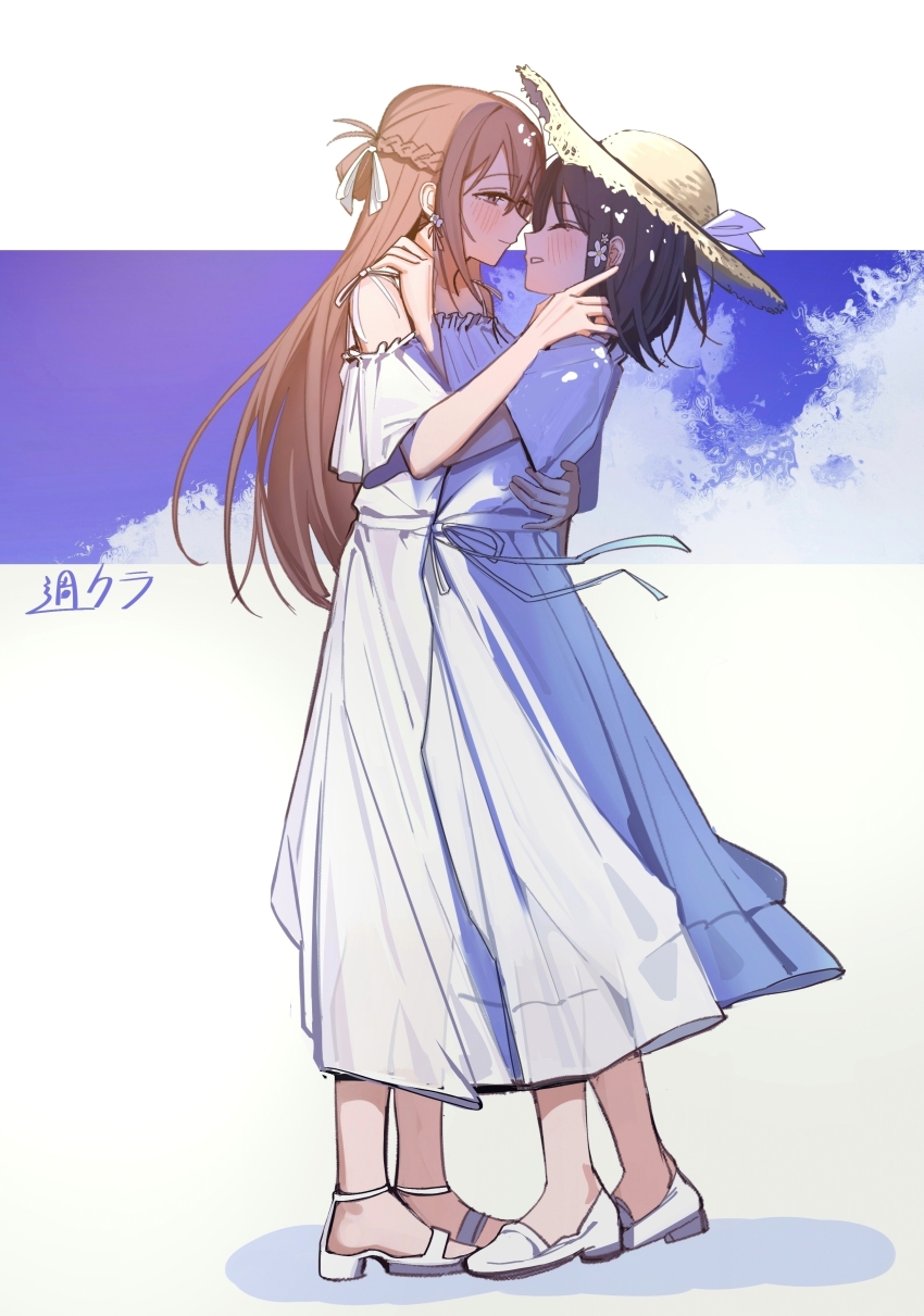 2girls absurdres black_hair blush braid brown_hair brown_hat chinese_commentary closed_eyes closed_mouth commentary_request couple dress haidao_mao half_up_braid hat highres long_hair miyagi_shiori multiple_girls off-shoulder_dress off_shoulder open_mouth purple_eyes sendai_hazuki shoes shuuniichido_classmate_wo_kau_hanashi sidelocks sundress white_background white_shoes yuri