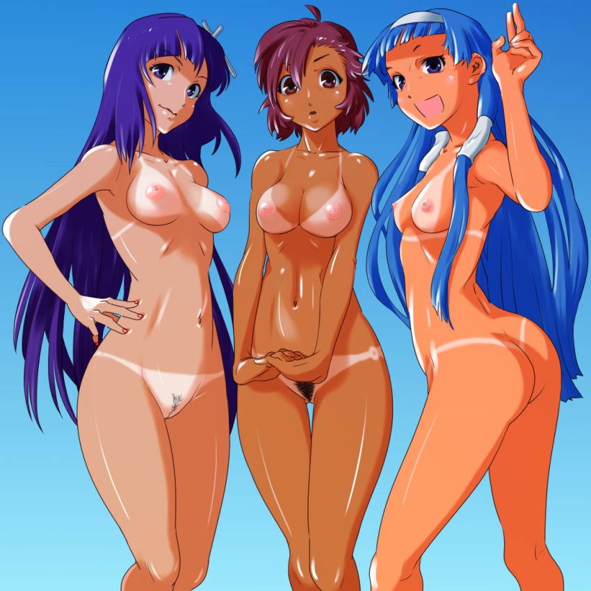 3girls :d :o aoba_tsugumi ass asymmetrical_bangs bikini_tan blue_background blue_eyes blue_hair blush breasts brown_eyes brown_hair closed_mouth collarbone cross_hair_ornament female_pubic_hair hair_ornament hair_over_shoulder hair_tubes hairband hand_on_own_hip head_tilt interlocked_fingers kannagi long_hair looking_back medium_breasts multiple_girls nagi nail_polish navel nipples nude open_mouth own_hands_together parted_lips pubic_hair purple_eyes purple_hair red_nails shiny_skin short_hair siblings simple_background sisters small_breasts smile standing suesan tan tanline thigh_gap uncensored very_long_hair zange