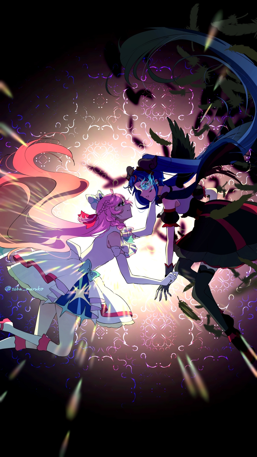 2girls absurdres ankle_boots backlighting black_dress black_feathers black_gloves black_thighhighs black_wings blue_eyes blue_hair boots bow braid brooch closed_mouth commentary corruption crown_braid cure_prism cure_sky cure_sky_(dark) cut_bangs dark_persona detached_sleeves dress earrings elbow_gloves feathered_wings feathers fingerless_gloves floating from_side gloves glowing glowing_eye green_eyes hair_bow hair_ornament half-closed_eyes hand_on_another&#039;s_face highres hirogaru_sky!_precure jewelry layered_dress long_hair looking_at_another magical_girl medium_dress multicolored_hair multiple_girls nijigaoka_mashiro parted_lips pink_hair precure puffy_detached_sleeves puffy_sleeves red_dress red_footwear red_hair siba_maruko side_braids single_wing sleeveless sleeveless_dress smile sora_harewataru streaked_hair tearing_up thighhighs twintails twitter_username two-tone_dress very_long_hair white_bow white_footwear wing_brooch wing_hair_ornament wings