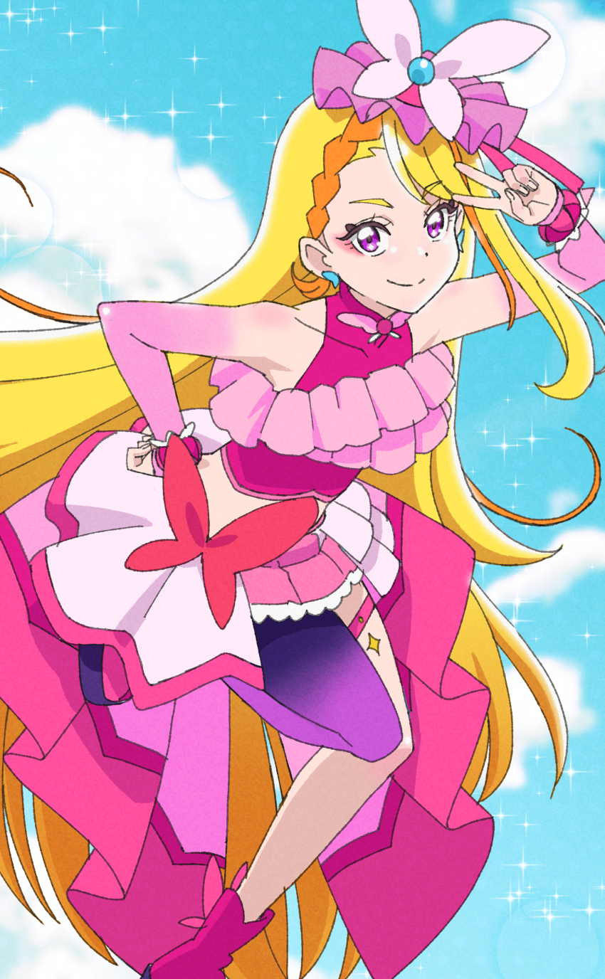 1girl absurdres ankle_boots blonde_hair blue_sky boots bow bow_skirt braid braided_bangs bridal_gauntlets brooch butterfly_hat_ornament cloud cloudy_sky commentary cropped_shirt cure_butterfly day earrings elbow_gloves frilled_shirt frills gloves hand_on_own_hip hat hat_ornament highres hijiri_ageha hirogaru_sky!_precure jewelry leaning_forward leg_up long_hair magical_girl microskirt midriff mob_cap multicolored_hair naninunenonono orange_hair outdoors pantyhose pink_boots pink_gloves pink_hat pink_shirt pink_skirt precure purple_eyes purple_pantyhose red_bow shirt showgirl_skirt single_leg_pantyhose skirt sky sleeveless sleeveless_shirt solo sparkle standing standing_on_one_leg thigh_strap two-tone_hair v v_over_eye very_long_hair wing_brooch