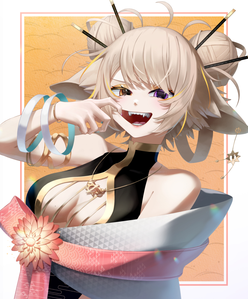 1girl :d absurdres ahoge animal_ears blonde_hair border bow bracelet breasts cleavage commission double_bun dress earrings fox_ears hair_bun hair_ornament hair_stick heterochromia highres indie_virtual_youtuber jewelry jinkitsu large_bow large_breasts necklace open_mouth pendant pink_bow pixiv_commission purple_eyes short_hair sleeveless sleeveless_dress smile solo turtleneck turtleneck_dress virtual_youtuber white_background white_border yellow_background yellow_eyes yurakusai