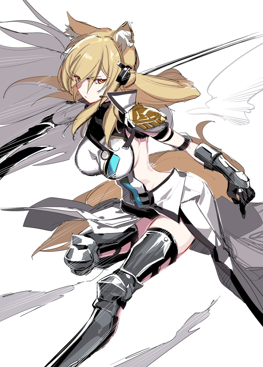 1girl absurdres animal_ears arknights armor armored_boots armored_gloves backless_outfit boots breasts brown_eyes commentary_request dress greaves headset highres holding holding_weapon horse_tail kinbakuman knee_armor long_hair looking_at_viewer medium_breasts nearl_(arknights) nearl_the_radiant_knight_(arknights) shoulder_armor solo tail thigh_armor weapon white_dress