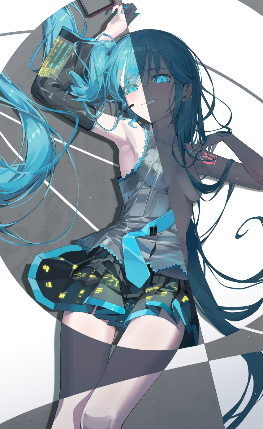 1girl absurdres alternate_hairstyle arm_over_head arm_tattoo arm_up armpits black_skirt blue_eyes blue_hair blue_nails blue_necktie breasts closed_mouth collarbone cowboy_shot detached_sleeves glowing glowing_eyes glowing_nails glowing_tattoo grey_shirt grin hair_censor hair_down hatsune_miku highres long_hair looking_at_viewer lying miniskirt monochrome_background nail_polish necktie no_legwear nude number_tattoo nun_nu on_back pleated_skirt raised_eyebrows shirt side_ponytail single_detached_sleeve skirt sleeveless sleeveless_shirt small_breasts smile solo split_theme tattoo thighs tie_clip ura-omote_lovers_(vocaloid) very_long_hair vocaloid wide_sleeves