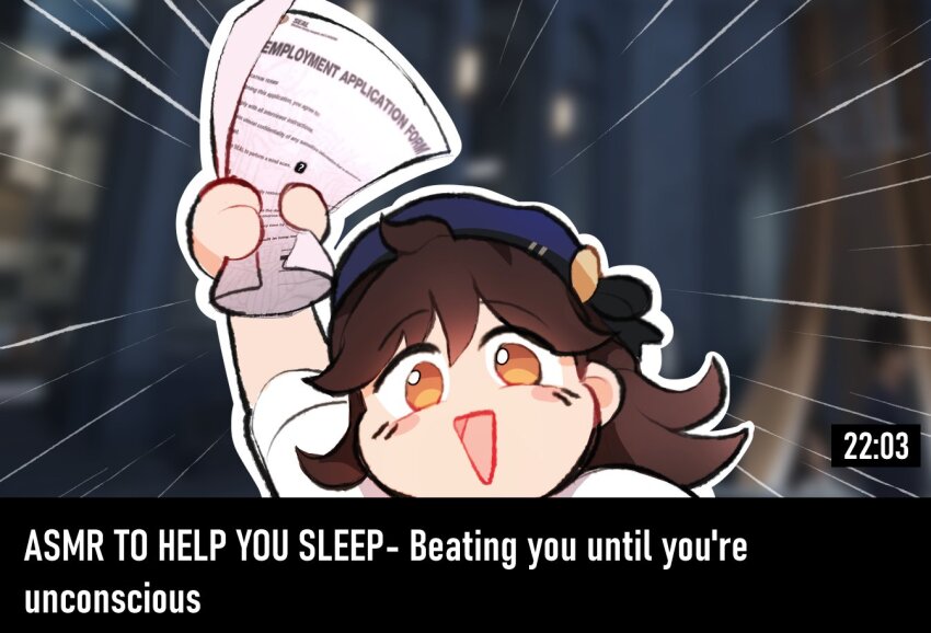 1girl arm_up asmr_to_help_you_sleep_-_beating_you_until_you&#039;re_unconscious_(meme) blue_hat brown_hair commentary english_commentary english_text fake_video hat holding holding_paper job_application_form_(meme) looking_at_viewer meme open_mouth orange_eyes paper portrait rewuyuu sayuki_(varsapura) smile solo varsapura