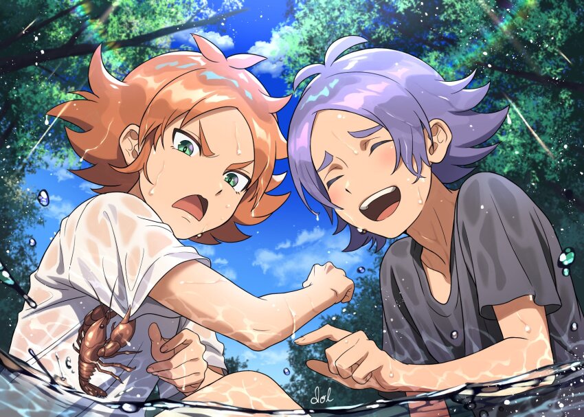 2boys black_shirt brothers closed_eyes dolustoy fubuki_atsuya fubuki_shirou green_eyes grey_hair highres inazuma_eleven_(series) inazuma_eleven_ares_no_tenbin laughing lobster male_focus multiple_boys open_mouth orange_hair shirt siblings tree twins water wet wet_clothes white_shirt