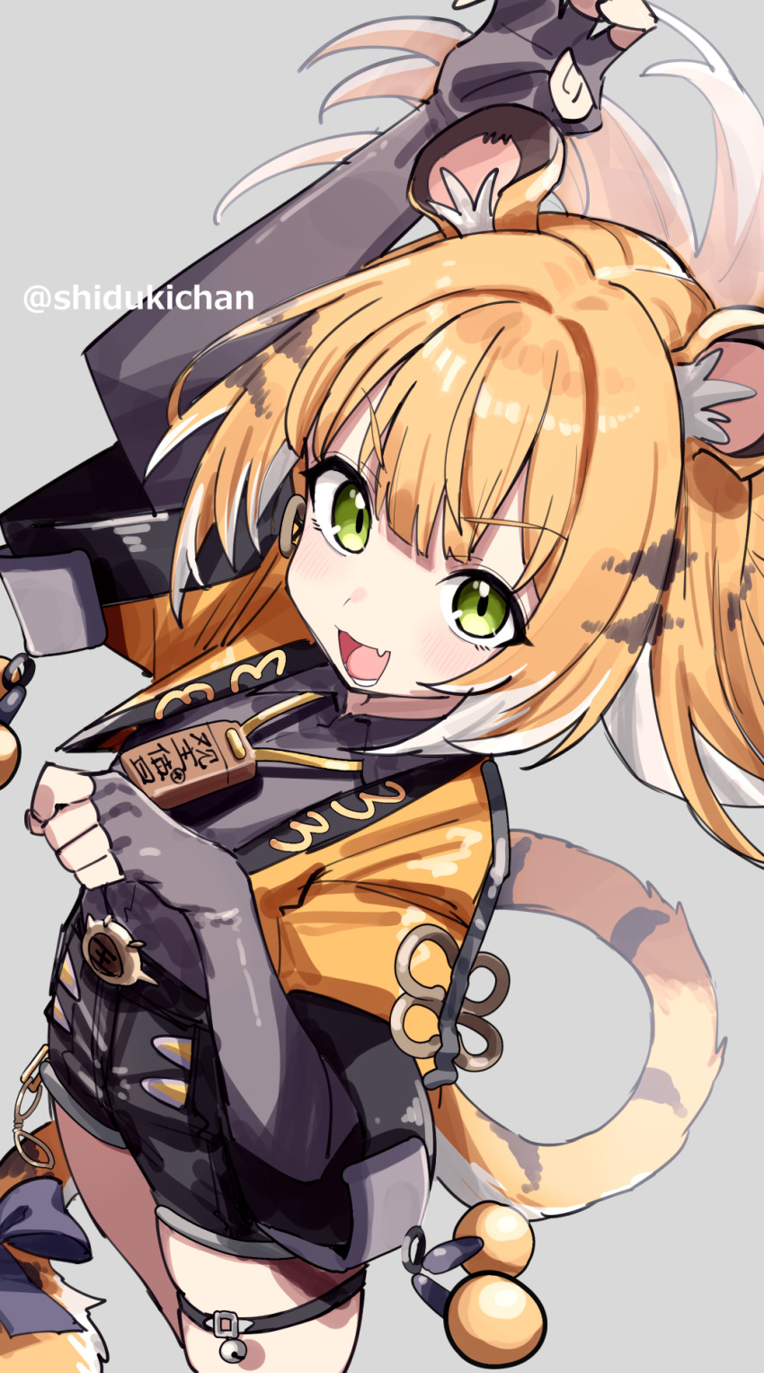 1girl :d animal_ears black_gloves blonde_hair fang fingerless_gloves gloves grey_background grey_shirt highres ju_fufu long_hair looking_at_viewer multicolored_hair open_mouth shigatsu_shizuki shirt simple_background skin_fang smile solo tiger_ears tiger_girl twitter_username two-tone_hair white_hair zenless_zone_zero