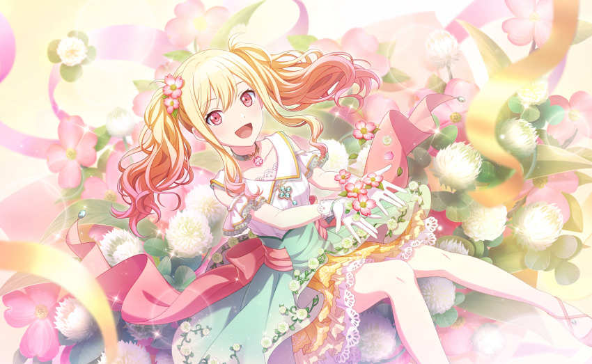 1girl :d blonde_hair blurry bokeh colorful_palette depth_of_field dress flower foot_out_of_frame game_cg gloves gradient_hair hair_flower hair_ornament highres long_hair looking_at_viewer multicolored_hair official_art open_mouth pink_eyes pink_flower pink_hair pink_shoes project_sekai shoes sitting sleeveless sleeveless_dress smile solo streamers tenma_saki third-party_source tongue twintails white_gloves