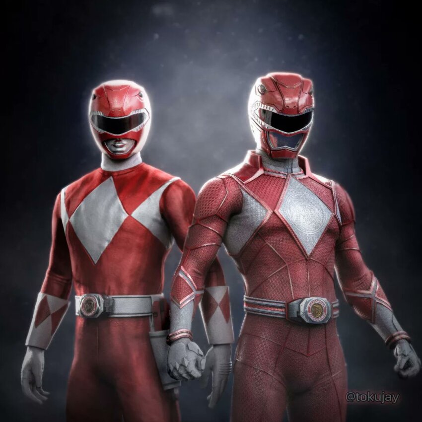 2boys armor belt bodysuit character_request dino_buckler gloves helmet jason_lee_scott mighty_morphin_power_rangers mighty_morphin_power_rangers:_once_&amp;_always mighty_morphin_red_ranger multiple_boys power_rangers red_bodysuit rocky_desantos tokujay tokusatsu tyranno_ranger