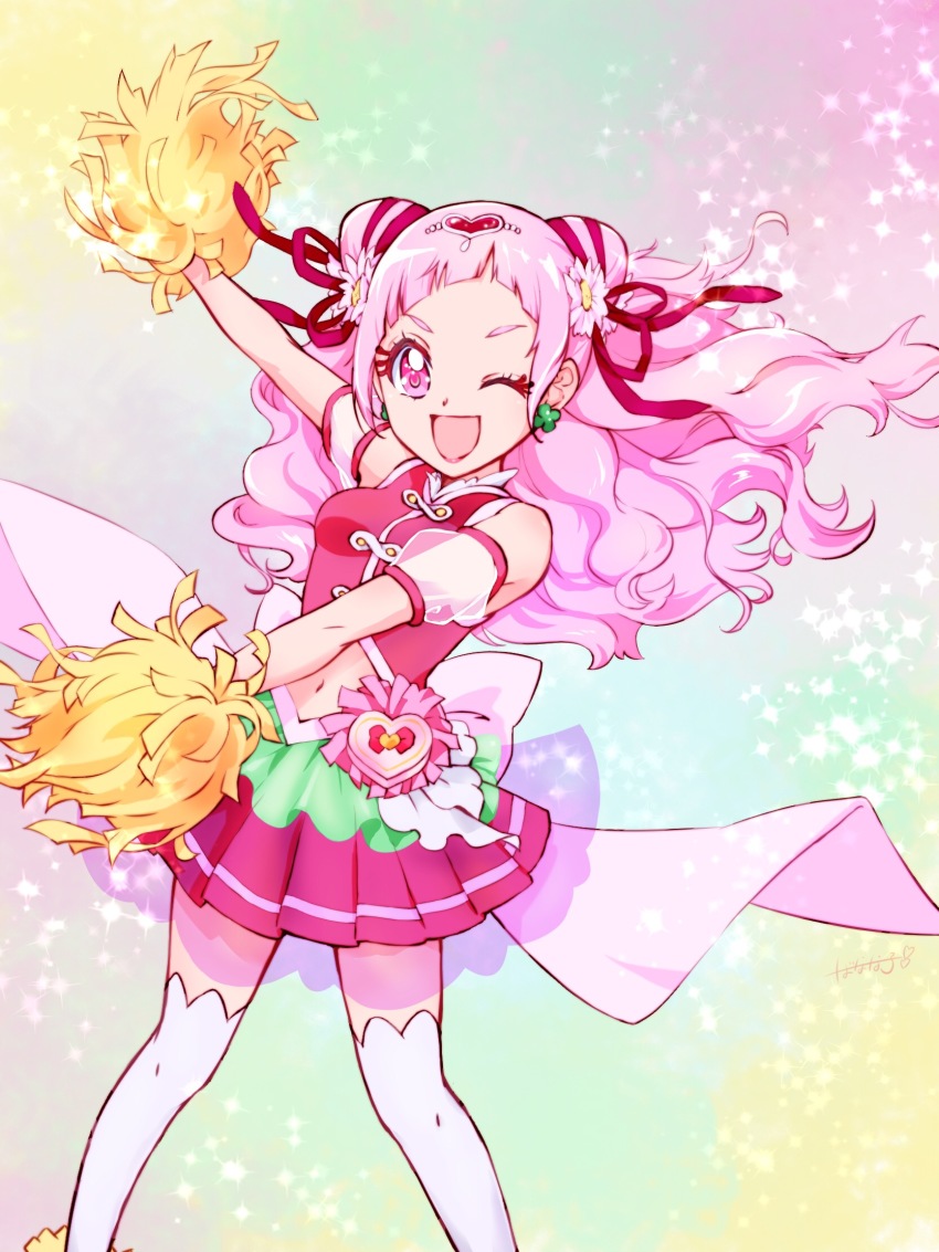 10s 1girl ;d back_bow blouse bow cone_hair_bun cropped_legs cure_yell detached_sleeves double_bun earrings female_focus flower hair_bun hair_flower hair_ornament hair_ribbon heart heart_hair_ornament highres hugtto!_precure jewelry layered_skirt long_hair looking_at_viewer magical_girl multicolored_background navel nono_hana one_eye_closed open_mouth pink_eyes pink_hair pink_shirt pink_skirt pleated_skirt pom_pom_(cheerleading) precure red_ribbon ribbon see-through_clothes see-through_sleeves shirt skirt sleeveless sleeveless_shirt smile solo sonna877san sparkle standing thighhighs white_bow white_thighhighs zettai_ryouiki