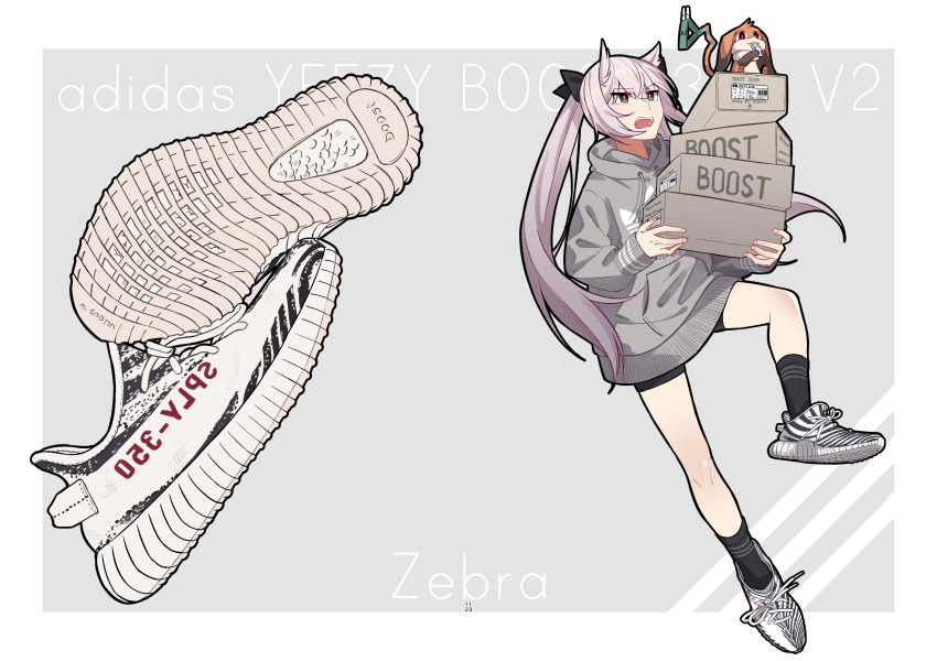 1girl absurdres adidas black_shorts black_socks border box casual commentary_request creature footwear_focus full_body grey_background grey_hoodie hair_ears highres holding holding_box hood hood_down hoodie jacket jouhou jumping long_hair long_sleeves mashiko_kaoru nene_(toji_no_miko) open_clothes open_jacket outside_border pink_hair purple_eyes shoes shorts simple_background sneakers socks solo toji_no_miko twintails v-shaped_eyebrows white_border white_shoes