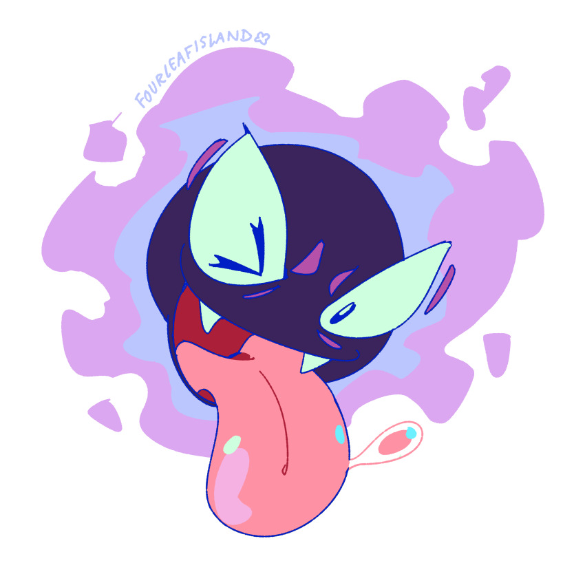 absurdres animal_focus artist_name blinking_inside_eyes clip_studio_paint_(medium) commentary english_commentary fangs floating fourleafisland full_body gastly gen_1_pokemon highres nintendo no_humans pokemon pokemon_(creature) simple_background solo tongue tongue_out white_background