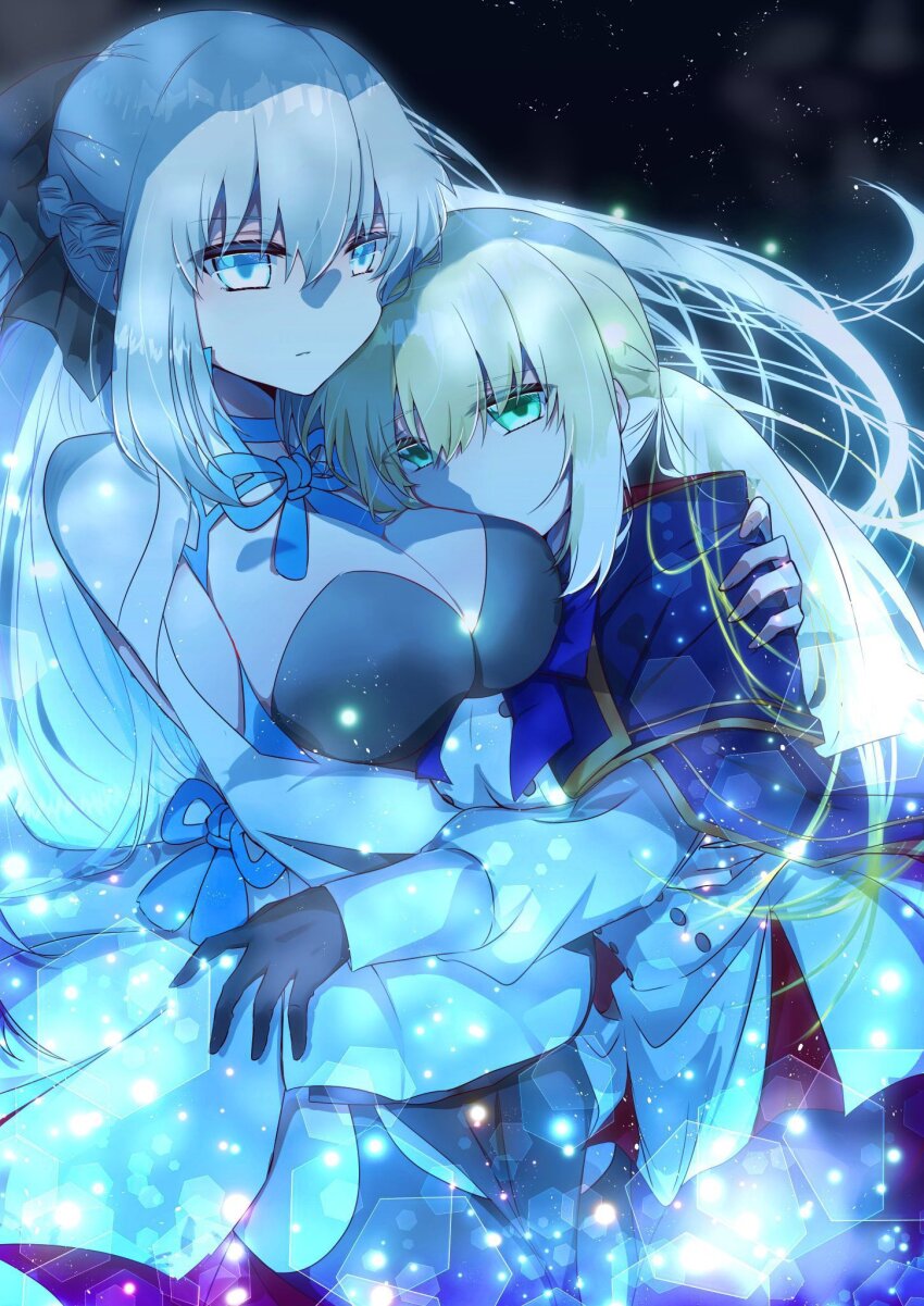 2girls artoria_caster_(fate) artoria_caster_(second_ascension)_(fate) artoria_pendragon_(fate) black_gloves black_ribbon blonde_hair blue_cloak blue_eyes blue_ribbon breasts cleavage cloak dress fate/grand_order fate_(series) gloves green_eyes grey_hair hair_ribbon highres hug long_hair long_sleeves morgan_le_fay_(fate) morgan_le_fay_(first_ascension)_(fate) multiple_girls ponytail re_re9315 ribbon shirt upper_body white_shirt