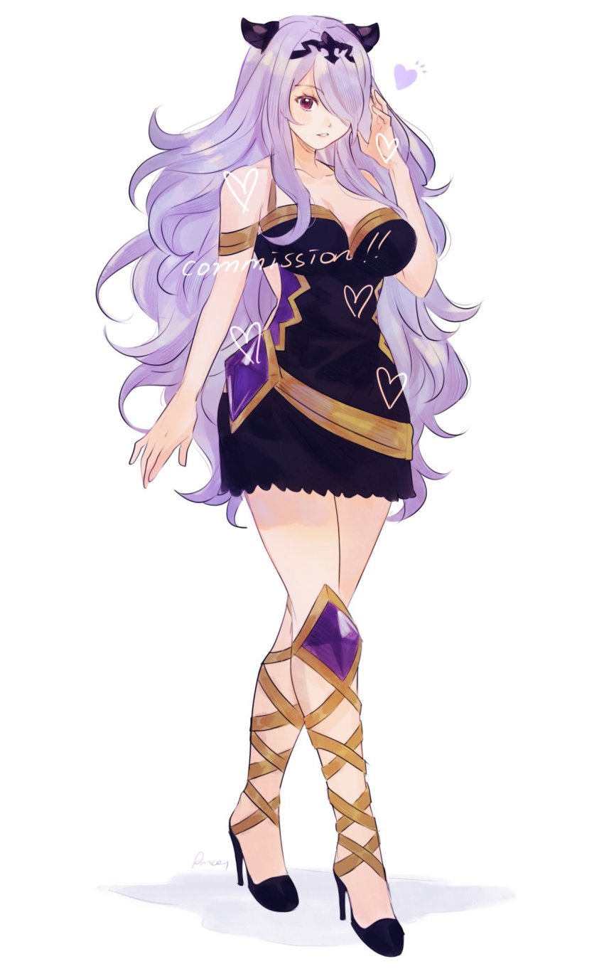 1girl aubz black_dress breasts camilla_(fire_emblem) cleavage collarbone commentary commission dress english_commentary fire_emblem fire_emblem_fates hair_over_one_eye heart high_heels highres horns knee_pads long_hair nintendo one_eye_covered parted_lips purple_eyes solo very_long_hair watermark