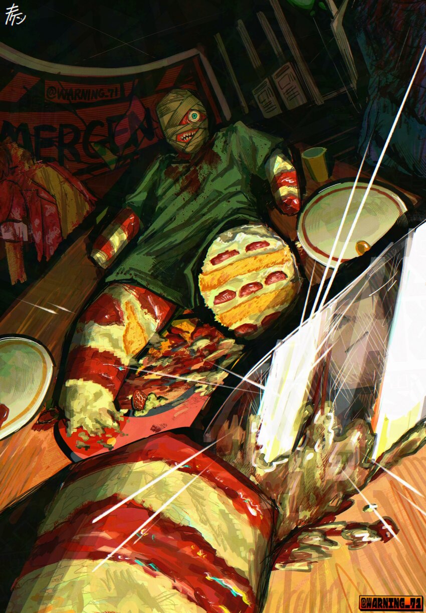 amputee anya_(mouthwashing) bandaged_arm bandaged_head bandages blood blood_on_clothes blood_stain broken_screen cake cake_slice corpse cracked_screen cup curly_(mouthwashing) curly_(post-crash)_(mouthwashing) daisuke_(mouthwashing) illusion_cake food hallucination highres hospital_gown indoors knife looking_at_viewer male_focus meme mouthwashing no_skin one-eyed pain plate skinned solo_focus strawberry_shortcake surreal suuno_kamibukuro twitter_username yaoi