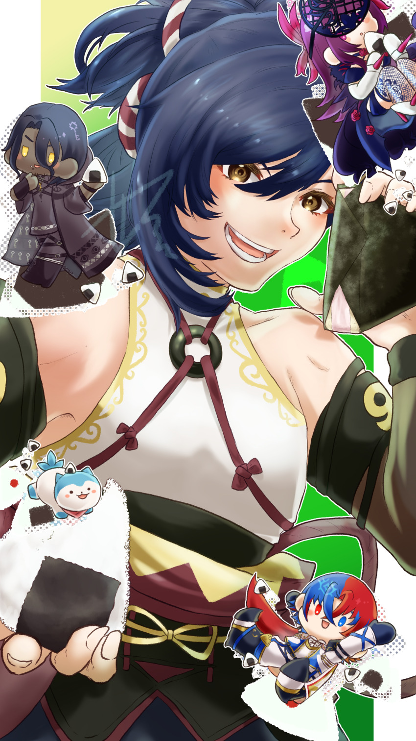 1girl 4boys absurdres male_alear_(fire_emblem) bare_shoulders blue_eyes blue_fur blue_gloves blue_hair dark-skinned_male dark_skin elbow_gloves fascinator fire_emblem fire_emblem_engage fishnet_thighhighs fishnets food gloves heterochromia highres holding holding_food ivy_(fire_emblem) japanese_clothes kagetsu_(fire_emblem) long_hair looking_at_viewer male_focus multicolored_hair multiple_boys nintendo onigiri purple_eyes purple_hair red_eyes red_hair short_hair sifil_amfr sommie_(fire_emblem) split-color_hair thighhighs tri_tails two-tone_fur two-tone_hair white_fur white_gloves yellow_eyes zelkov_(fire_emblem)