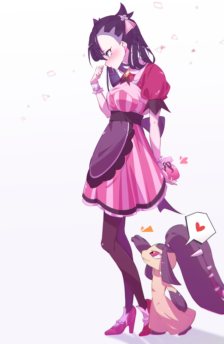 1girl absurdres apron bag black_hair blue_eyes blush closed_mouth dress from_side full_body gen_3_pokemon gift_bag heart high_heels highres holding holding_bag holding_behind_back marie_(pixiv59672544) marnie_(palentine&#039;s_2022)_(pokemon) marnie_(pokemon) mawile nintendo official_alternate_costume pink_dress pink_shoes pokemon pokemon_(creature) pokemon_masters_ex puffy_short_sleeves puffy_sleeves shoes short_sleeves spoken_heart valentine waist_apron white_background
