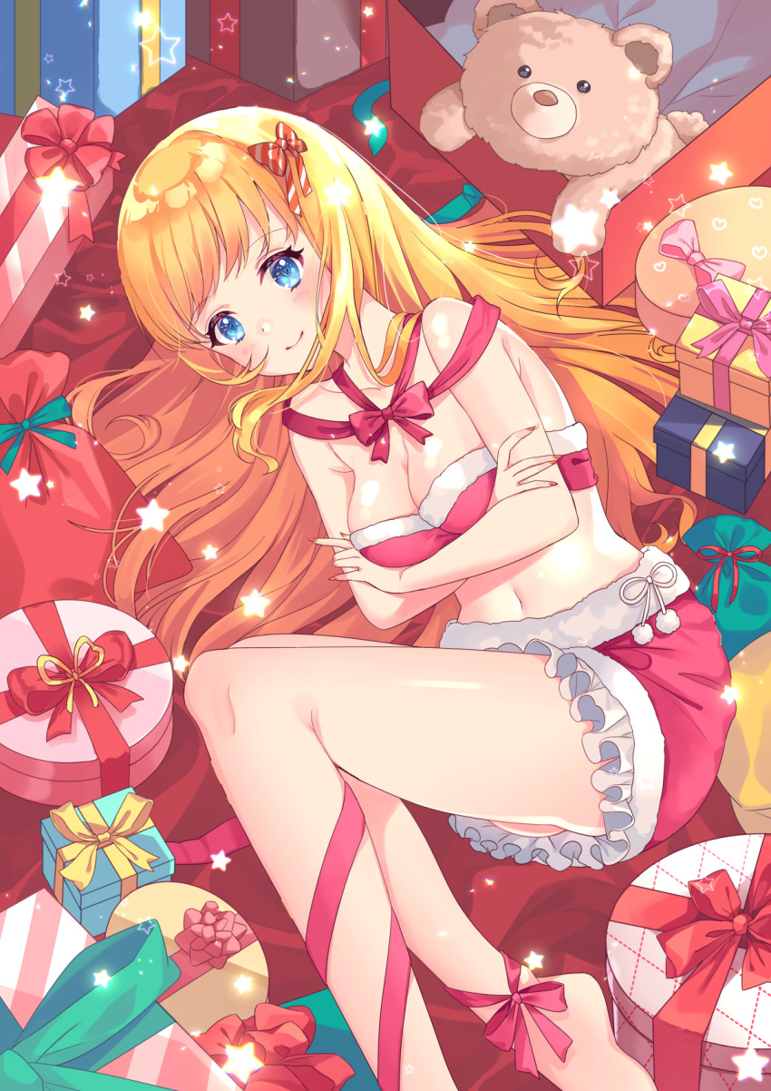 1girl bare_shoulders barefoot blonde_hair blue_eyes box breasts christmas cleavage collarbone crossed_arms fingernails floral_bow fujishiro_kokoa fur_trim gift gift_box highres large_breasts long_hair looking_at_viewer lying nail_polish navel on_side original red_nails red_ribbon red_shirt red_skirt ribbon shirt sidelocks skirt sleeveless smile solo star_(symbol) strapless stuffed_animal stuffed_toy teddy_bear thighs