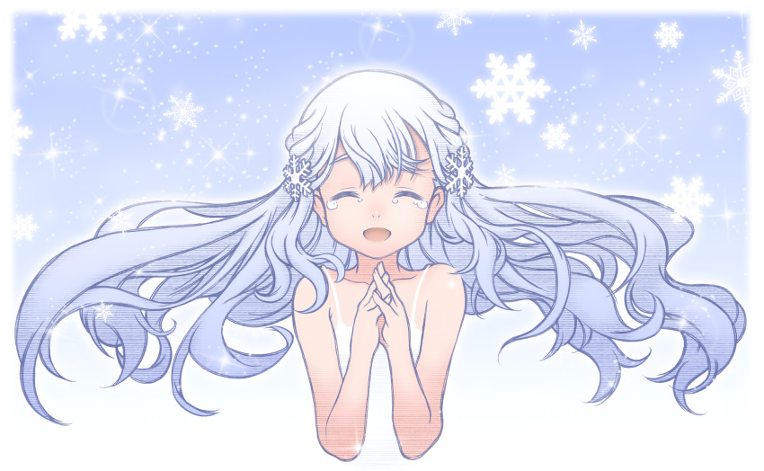1girl ^_^ blending blue_background border braid closed_eyes cropped_torso crying dress facing_viewer fading_border floating_hair grey_hair hair_ornament hands_up highres interlocked_fingers kazahana_yuki onikko_hunter_tsuina-chan open_mouth own_hands_together palms_together pekenpon raised_eyebrows sad_smile side_braid sleeveless sleeveless_dress snowflake_hair_ornament snowflakes solo spaghetti_strap straight-on wavy_hair white_border