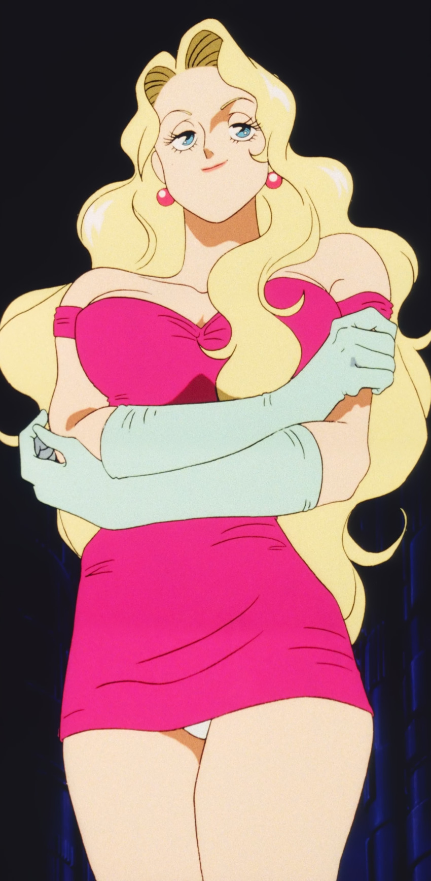1girl absurdres adjusting_clothes bare_legs breasts cleavage dress earrings gloves highres jewelry large_breasts long_hair marilyn_(red_baron) panties pink_dress red_baron_(anime) screencap standing third-party_edit underwear very_long_hair white_panties wide_hips