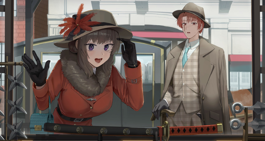 1boy 1girl :d absurdres arm_up black_gloves blue_necktie breasts brick_wall brown_eyes brown_hair brown_hat brown_jacket brown_pants carriage collared_shirt commentary_request commission day flower gloves goback hat hat_flower highres horse horse-drawn jacket jacket_on_shoulders katana kunai leaning_forward medium_breasts necktie open_mouth original outdoors pants parted_bangs purple_eyes red_flower red_jacket scar scar_across_eye scar_on_face shading_eyes sheath sheathed shirt shuriken smile sword weapon white_shirt window