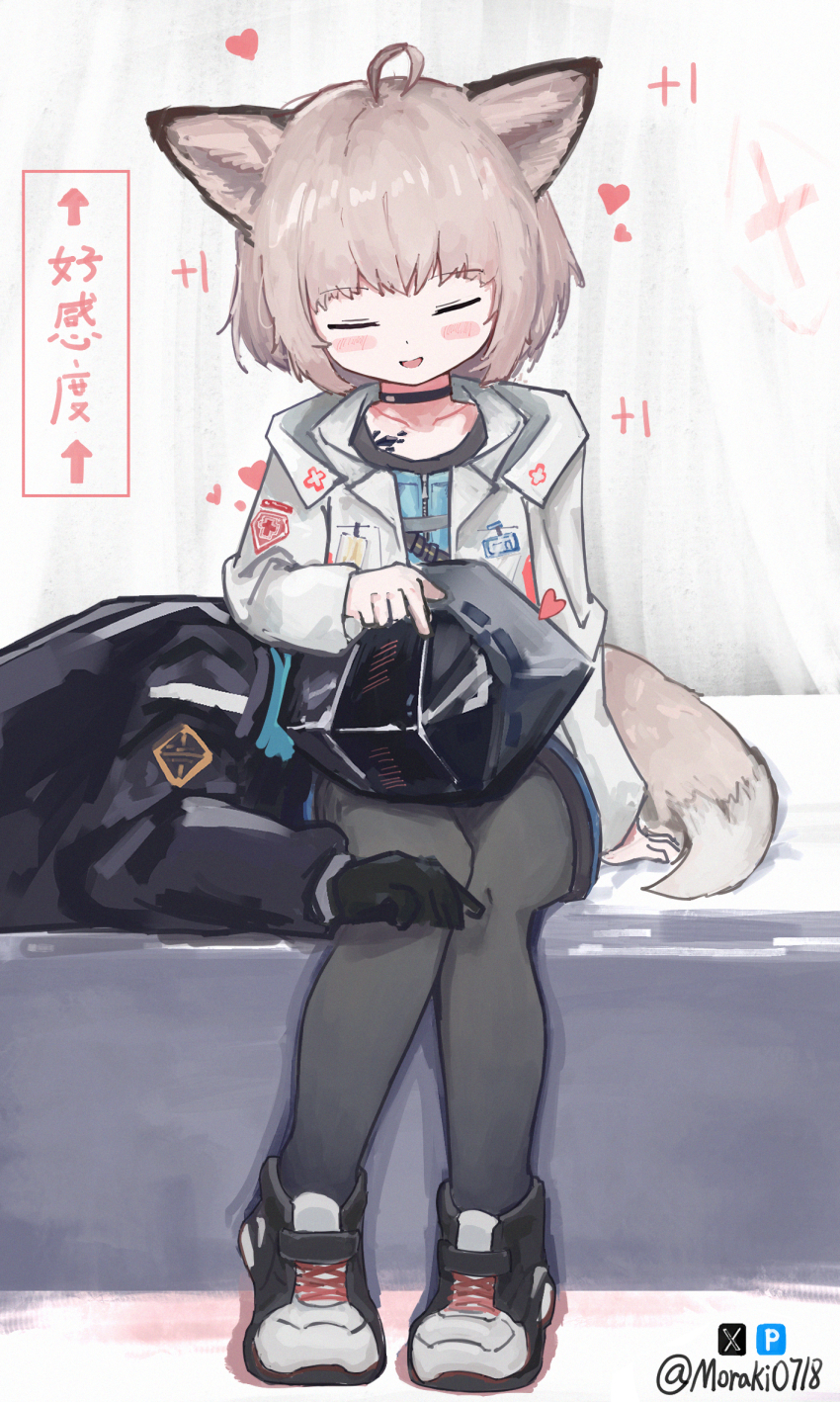 1girl 1other ahoge animal_ears arknights arrow_(symbol) black_choker black_pantyhose blush blush_stickers brown_hair brown_tail chinese_commentary choker closed_eyes commentary cross doctor_(arknights) greek_cross grey_tail hand_on_another&#039;s_head headpat heart highres hood hood_up jacket knees_together_feet_apart lap_pillow long_sleeves material_growth moraki0718_(aoxiaoku) open_mouth oripathy_lesion_(arknights) pantyhose pixiv_logo red_cross short_hair sitting smile sussurro_(arknights) tail translation_request twitter_username twitter_x_logo watermark white_jacket