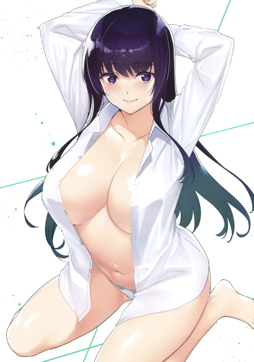 1girl arms_behind_head arms_up bare_legs barefoot breasts cleaned cleavage comic_cover curvy destiny_lovers dress_shirt gluteal_fold gradient_hair green_hair highres ibu_sayaka lace lace-trimmed_panties lace_trim large_breasts long_hair multicolored_hair navel nearly_naked_shirt no_bra official_art open_clothes open_shirt paint_splatter panties purple_eyes purple_hair shirt simple_background sitting smile solo stomach third-party_edit third-party_source tomohiro_kai underwear wariza white_background white_panties white_shirt