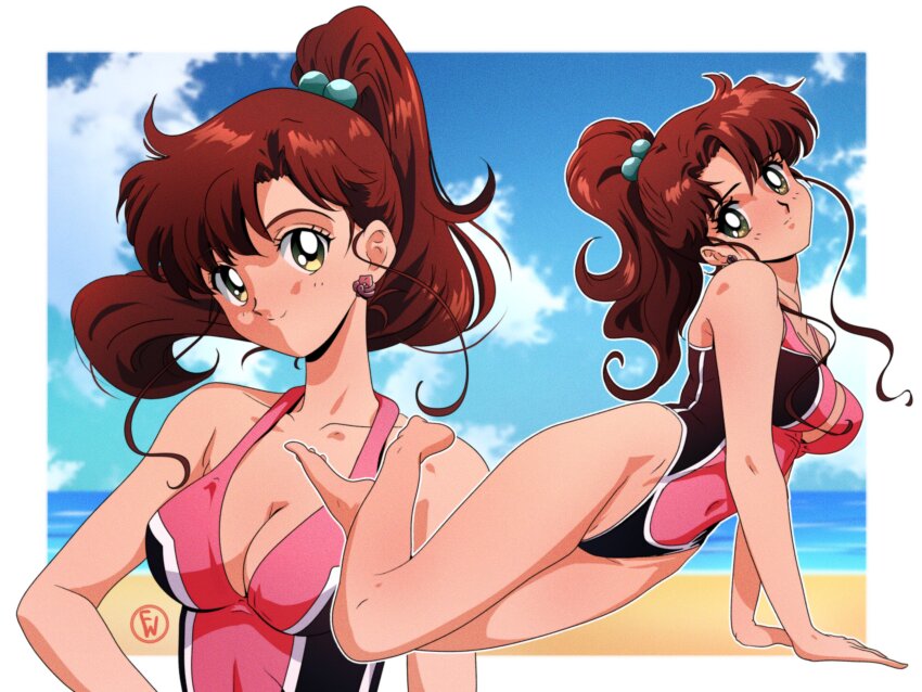 absurdres barefoot beach bishoujo_senshi_sailor_moon blue_sky blush breasts brown_hair cloud cloudy_sky earrings fritz_willie green_eyes highres jewelry kino_makoto legs medium_breasts navel one-piece_swimsuit sand sky smile swimsuit water