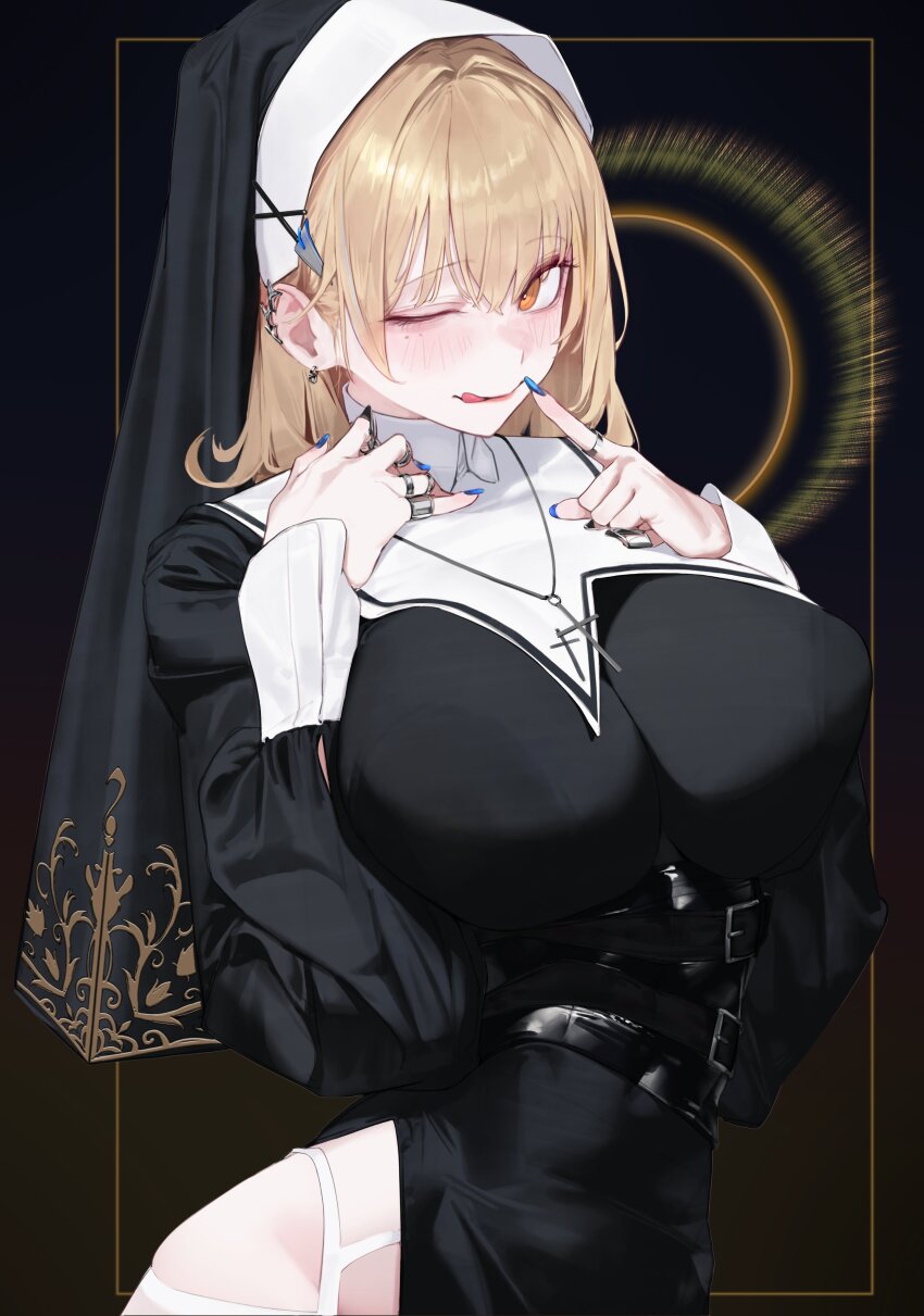 1girl absurdres alternate_costume black_background black_dress black_veil blonde_hair blue_nails breasts commentary cross cross_necklace dress gjz1227 goddess_of_victory:_nikke highres jewelry large_breasts licking_lips medium_hair necklace nun one_eye_closed red_eyes solo tia_(nikke) tongue tongue_out veil