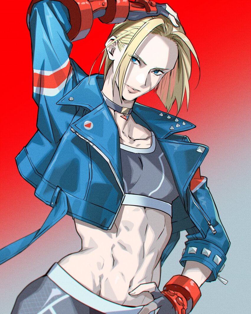 abs absurdres blonde_hair blue_eyes cammy_white crop_top fingerless_gloves gloves hand_on_own_hip highres jacket leather leather_jacket nshi spikes street_fighter street_fighter_6 studded