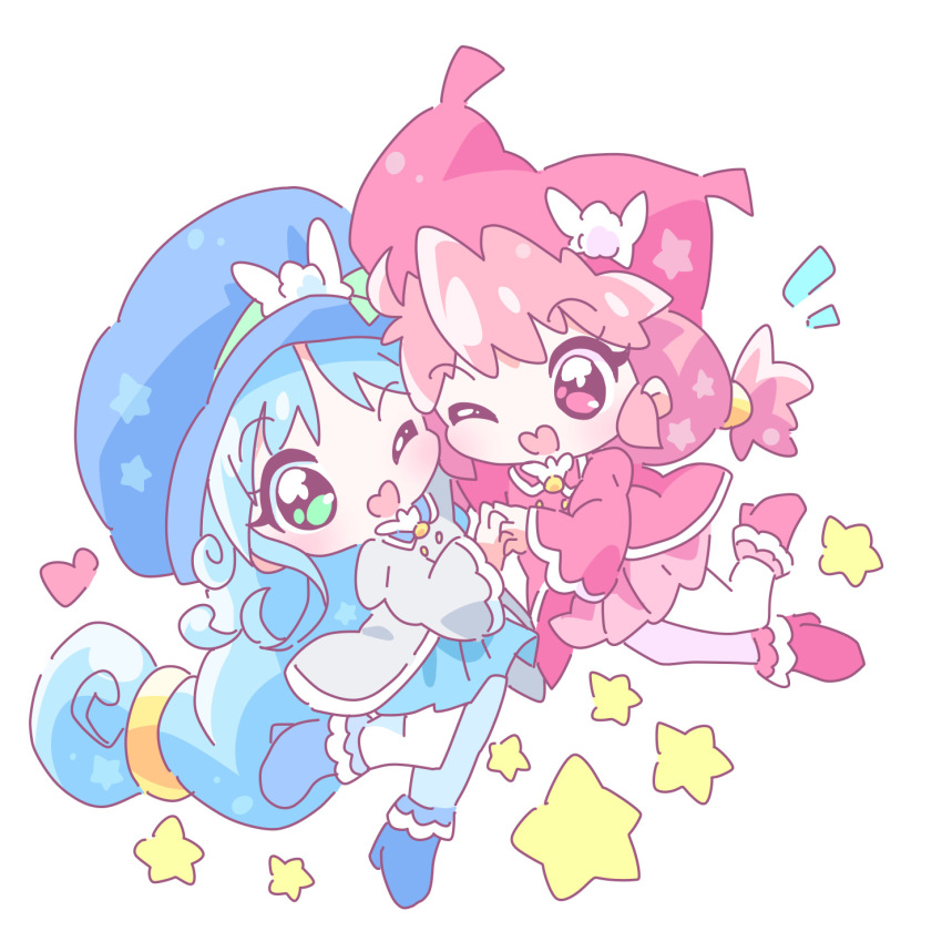 2girls ;d ahoge blue_boots blue_hair blue_hat blue_skirt blush boots chibi chibi_only commentary fine_(futagohime) full_body fushigiboshi_no_futago_hime fushigiboshi_no_futago_hime_gyu green_eyes grey_jacket hat hat_ornament heart heart-shaped_mouth heart_background highres holding_hands jacket leg_up long_hair long_sleeves looking_at_another low-tied_long_hair low_twintails mirai_(sugar) multiple_girls no_nose notice_lines one_eye_closed open_mouth pantyhose pink_hair pink_skirt pleated_skirt red_boots red_eyes red_hat red_jacket rein_(futagohime) royal_wonder_academy_school_uniform school_uniform siblings simple_background sisters skirt smile star_(symbol) star_symbol_background twins twintails white_background white_pantyhose wide_sleeves