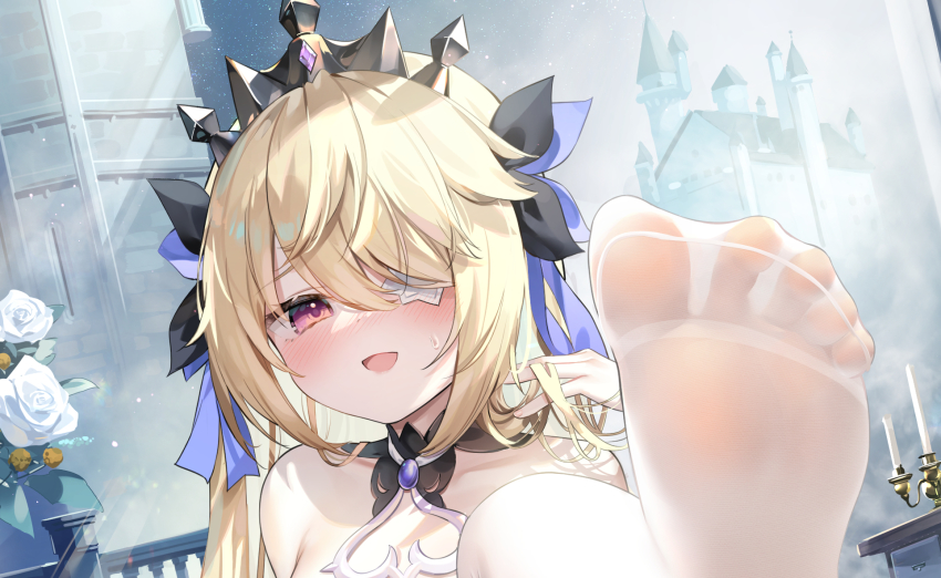 bare_shoulders blonde_hair blush candle castle chen_bin eyepatch feet fischl_(ein_immernachtstraum)_(genshin_impact) fischl_(genshin_impact) flower fog foot_focus foreshortening gem genshin_impact hair_over_one_eye hand_in_own_hair highres light_particles light_rays long_hair looking_at_viewer no_shoes official_alternate_costume open_mouth purple_eyes purple_gemstone rose sky smile soles spread_toes star_(sky) starry_sky sweat thighhighs tiara toes white_flower white_rose white_thighhighs