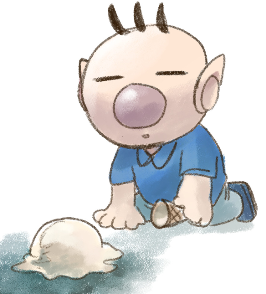 1boy bare_arms big_nose black_shorts blue_shirt brown_hair casual closed_eyes collared_shirt commentary_request expressionless food full_body grey_pants hand_on_ground highres holding holding_ice_cream_cone iat-418 ice_cream ice_cream_cone ice_cream_cone_spill kneeling looking_at_food male_focus nintendo olimar pants parted_lips pikmin_(series) pointy_ears shadow shirt shoes short_hair short_sleeves shorts simple_background solo very_short_hair white_background