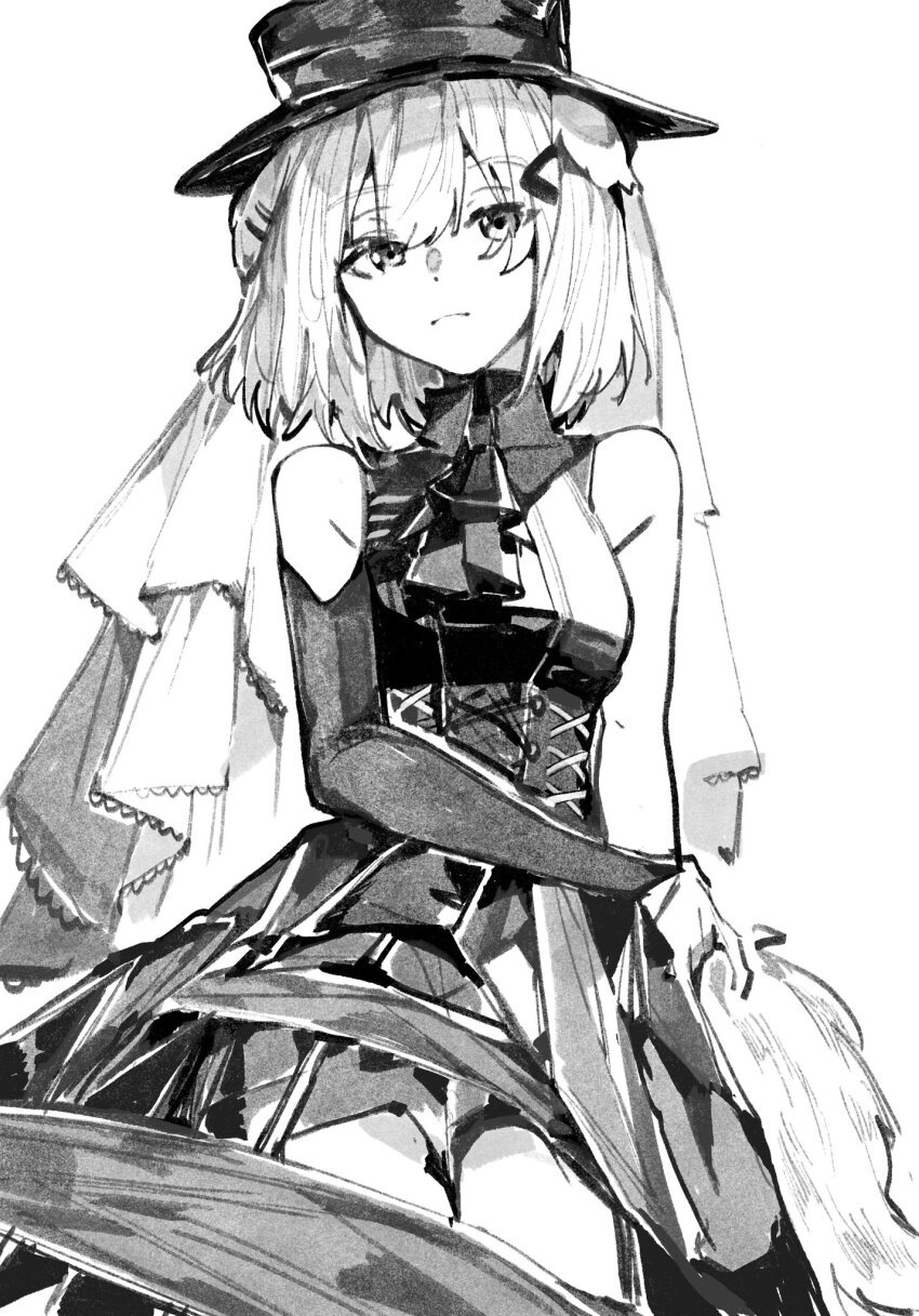 1girl animal_ears arknights bang_dream! bang_dream!_it&#039;s_mygo!!!!! chiriejjiyo commentary dog_ears dog_girl dress greyscale hat highres holding_own_arm medium_hair misumi_uika misumi_uika_(caged_singer) monochrome simple_background solo veil white_background