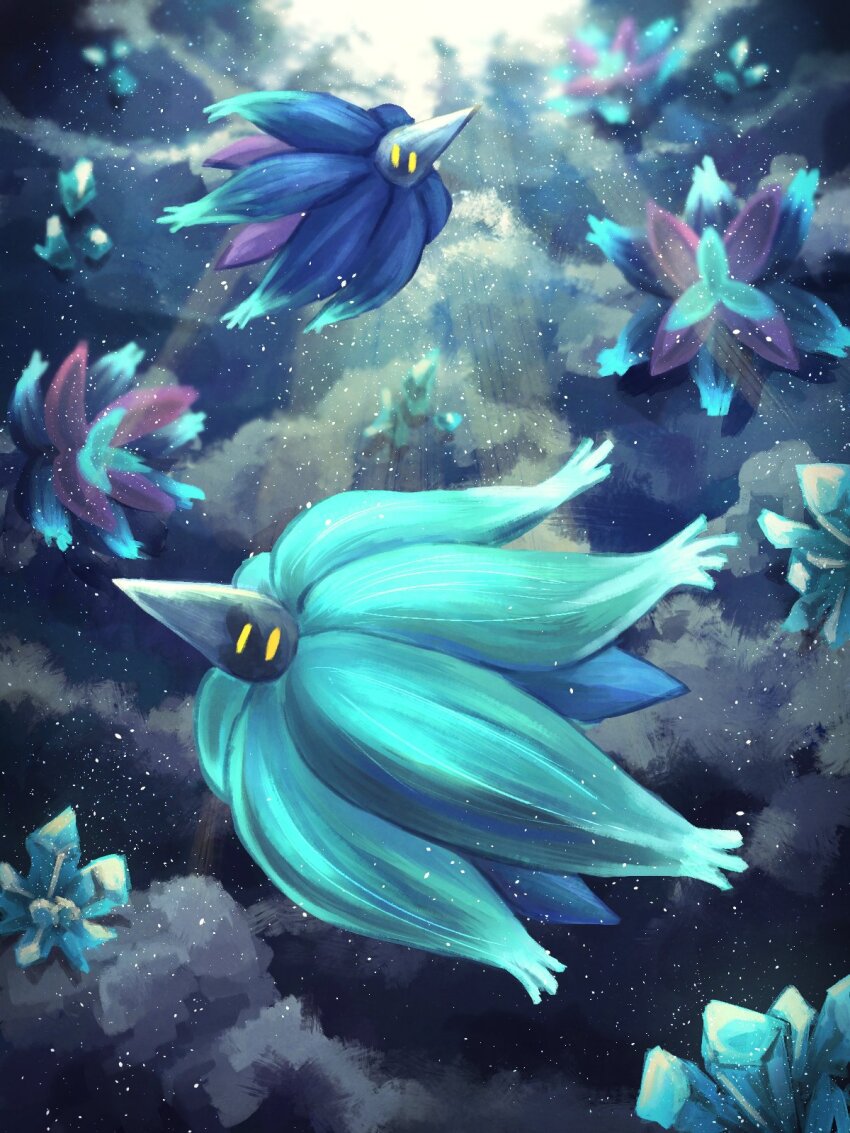 7_phi_3 alternate_color blurry blurry_background commentary_request crystal dust_cloud glimmora highres nintendo no_humans pokemon pokemon_(creature) shiny_pokemon solid_oval_eyes sunlight yellow_eyes