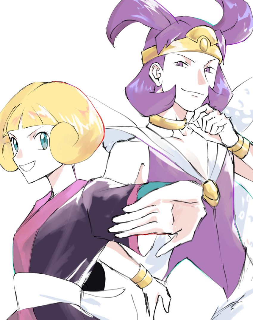 1boy 1girl blonde_hair blue_eyes collarbone dougi greta_(pokemon) hand_on_own_chin highres looking_at_viewer nintendo pokemon pokemon_emerald pokemon_rse purple_eyes purple_hair sioma709iie tucker_(pokemon) white_background