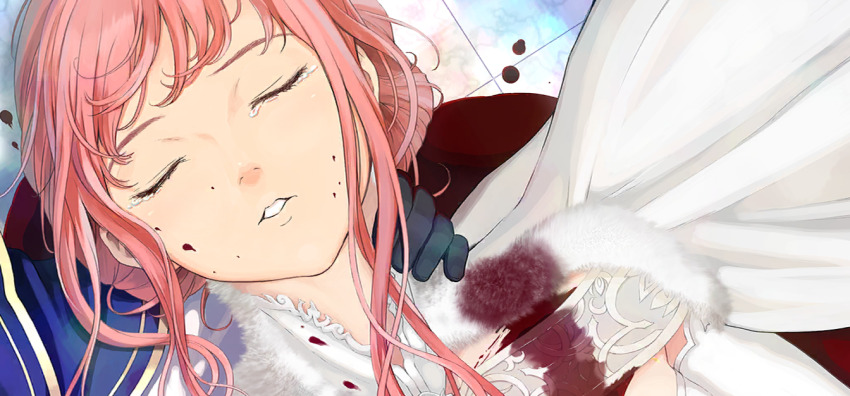 2girls artoria_caster_(fate) artoria_pendragon_(fate) black_gloves bleeding blood blood_on_clothes blood_on_face cape closed_eyes cnoc_na_riabh_(fate) fate/grand_order fate_(series) fur_trim game_cg gloves long_hair medb_(fate) multiple_girls official_art open_mouth pink_hair pool_of_blood spoilers takayama_kisai updo white_cape