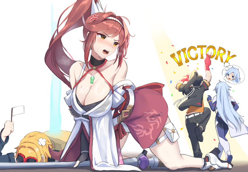 2boys 2girls a_(xenoblade) anger_vein armored_bodysuit black_jacket black_pants blonde_hair blue_eyes blue_hair breasts cleavage core_crystal_(xenoblade) english_text flag glimmer_(xenoblade) gloves great-grandaunt_and_great_grandnephew high_ponytail highres holding holding_flag jacket large_breasts matthew_(xenoblade) medaman multiple_boys multiple_girls nikol_(xenoblade) pants ponytail red_gloves spoken_character sweat v v-shaped_eyebrows walking xenoblade_chronicles_(series) xenoblade_chronicles_3 xenoblade_chronicles_3:_future_redeemed