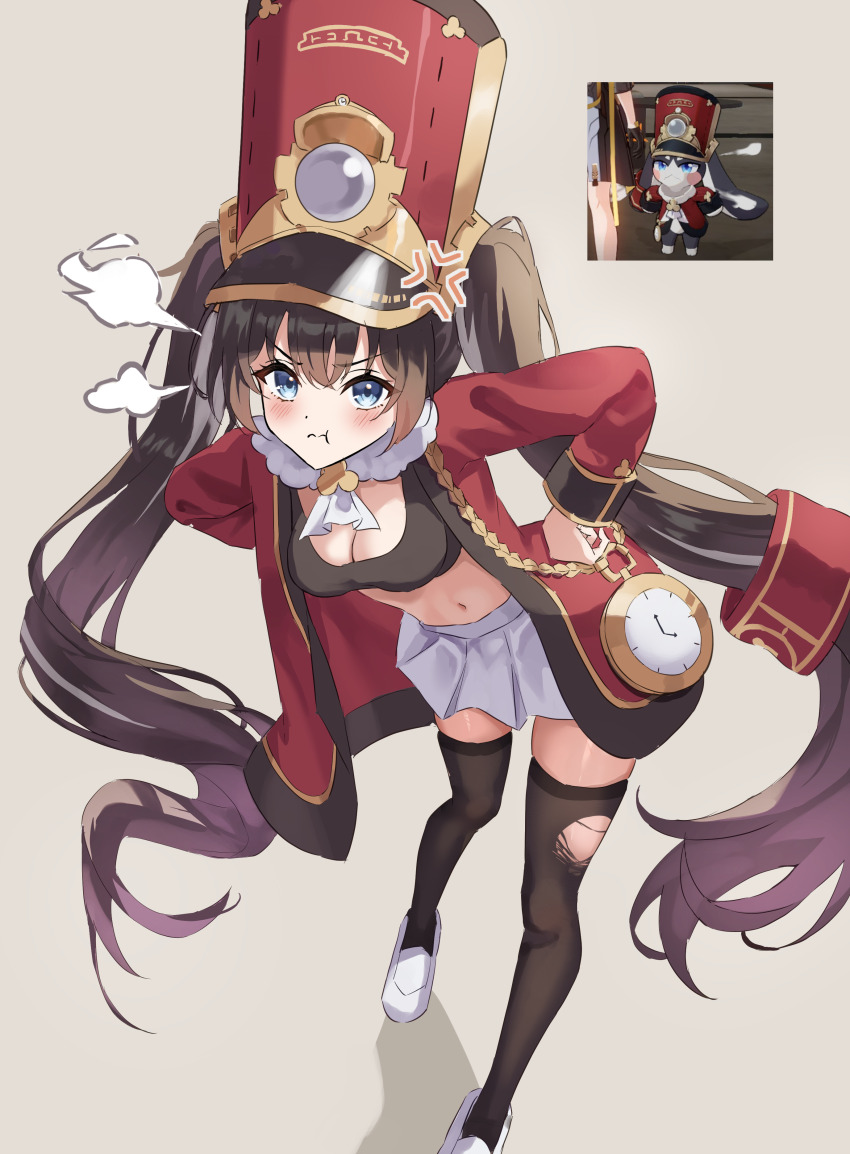 1girl :t absurdres aiguillette anger_vein ascot black_hair black_sports_bra black_thighhighs blue_eyes blush breasts cleavage closed_mouth commentary_request foot_out_of_frame from_above fur_scarf game_screenshot_inset genderswap genderswap_(otf) glaring grey_background hands_on_own_hips hat highres honkai:_star_rail honkai_(series) jacket k2_(kazu1030) long_hair looking_ahead medium_breasts midriff miniskirt navel open_clothes open_jacket personification pleated_skirt pocket_watch pom-pom_(honkai:_star_rail) pout puff_of_air red_hat red_jacket reference_inset shako_cap shoes simple_background skirt solo sports_bra standing thighhighs torn_clothes torn_thighhighs twintails very_long_hair watch white_ascot white_shoes white_skirt zettai_ryouiki