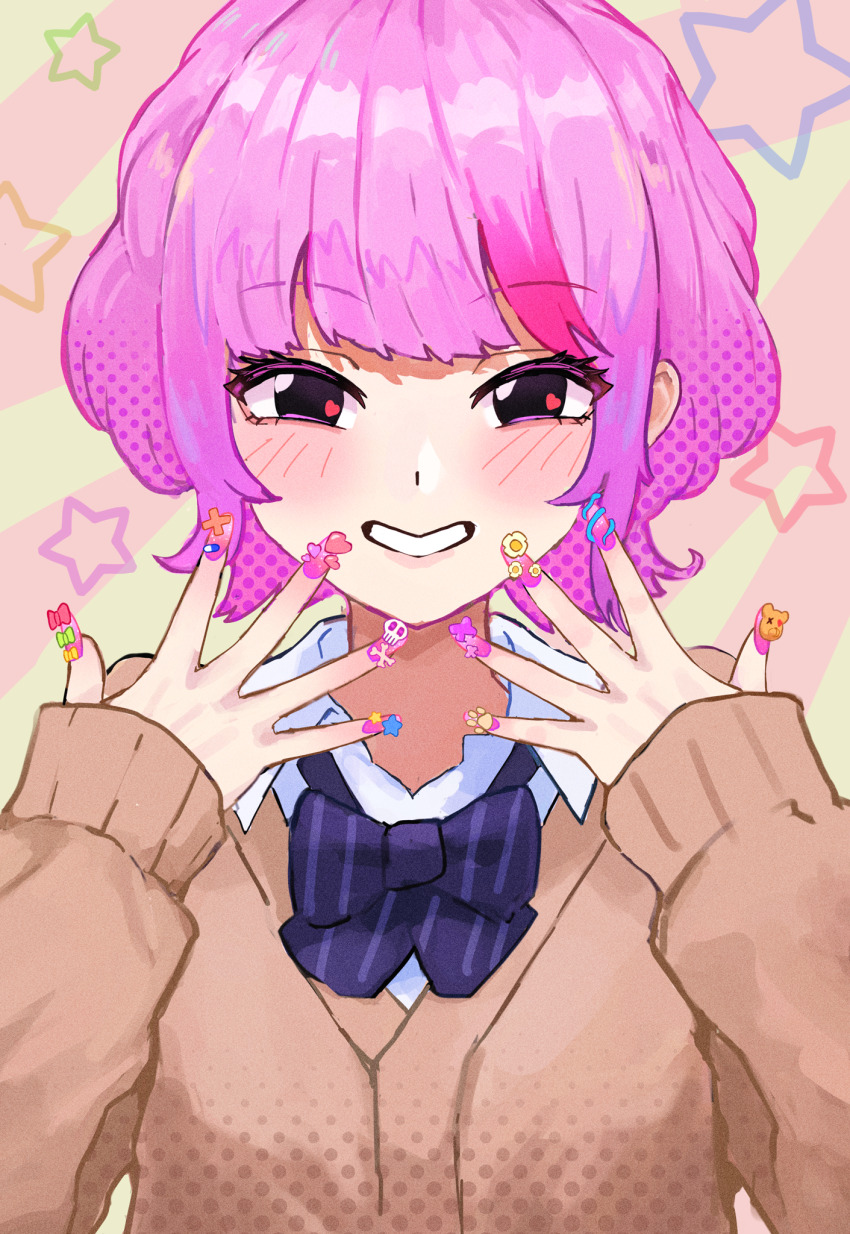 1girl blue_bow blush bow brown_sweater collared_shirt commentary_request eyelashes fingernails heart highres nail_ornament nail_polish original paw_print pink_hair pink_nails ryoha_kosako shirt shirt_under_sweater short_hair skull_and_crossbones smile solo star_(symbol) star_symbol_background striped_bow sweater upper_body white_shirt