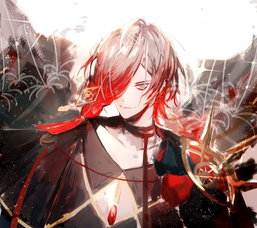 1boy blue_eyes chest_jewel earrings eyeshadow eyeshadow_under_eye fate/grand_order fate_(series) gradient_hair grey_hair hair_ornament hair_over_one_eye highres jewelry jun_canopus karna_(fate) looking_at_viewer makeup male_focus medium_hair multicolored_hair multiple_earrings pale_skin red_eyeshadow red_hair smile solo upper_body