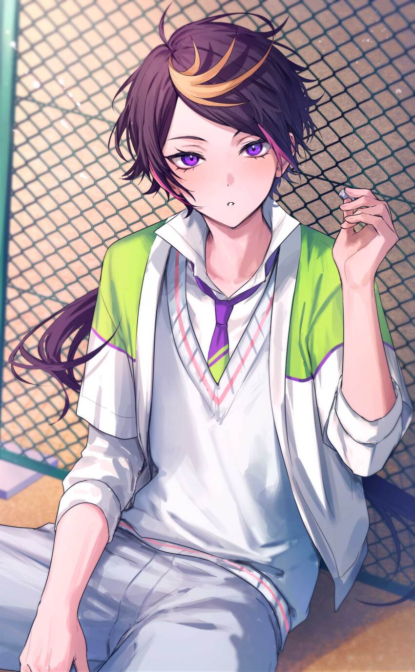 1boy absurdres blonde_hair chain-link_fence commentary_request earphones fence highres holding holding_earphones jacket light_blush looking_at_viewer male_focus multicolored_hair necktie nijisanji nijisanji_en open_clothes open_jacket parted_lips pink_hair purple_eyes purple_hair shu_yamino sitting solo streaked_hair tone_haruma virtual_youtuber