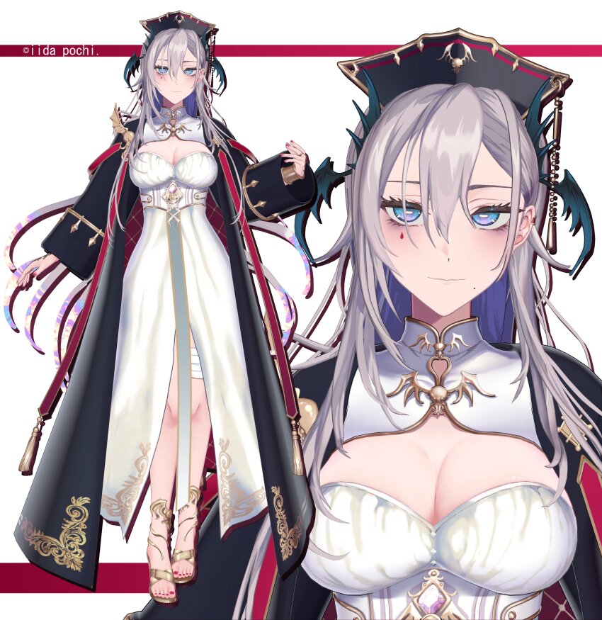 1girl 3d absurdres anklet bandage_on_thigh black_coat blue_eyes breasts cleavage cleavage_cutout clothing_cutout coat commentary_request corset dalachi_(headdress) double-parted_bangs dress full_body gem gold_trim grey_hair hair_between_eyes head_wings highres horizontal_pupils indie_virtual_youtuber jewelry large_breasts long_hair looking_at_viewer mole mole_under_eye multicolored_hair nail_polish pochimaru_(vtuber) pochimaru_(vtuber)_(4th_costume) red_nails ring single_wrist_guard straight-on strap tassel teardrop_facial_mark toenail_polish toenails ukmey very_long_hair virtual_youtuber white_corset white_dress wings