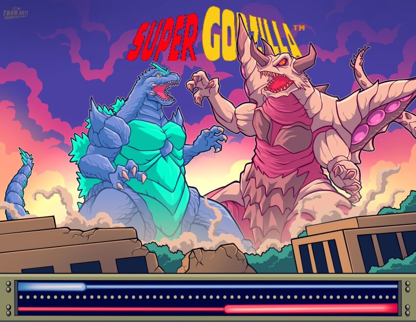 advance_communication_company bagan character_name claws colored_sclera copyright_name crest destruction dinosaur dust english_text game_hud gameplay_mechanics giant giant_monster godzilla godzilla_(series) highres horns kaiju monster muscular muscular_arms muscular_legs muscular_other national_diet_building no_humans no_pupils open_mouth orange_sclera pectorals real_world_location red_eyes sharp_teeth shoulder_spikes smoke spikes super_godzilla super_godzilla_(character) tail teeth thighs thomdotartz toho tokyo_(city) tongue tusks